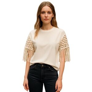 Zara White Top with Fringe Detail